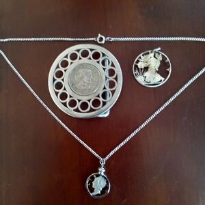 COIN JEWELRY, SUSAN B.ANTHONY 1979 ,STANDING LIBERTY  AND MERCURY DIME